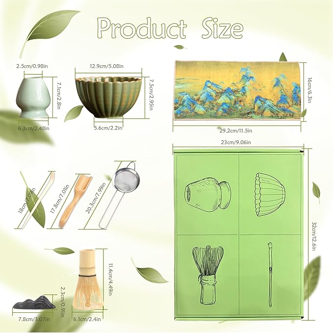 8PCS Matcha Whisk Set - Matcha Set Ceramic Whisk and Bowl, Japanese Buucup Matcha Set, Sifter, Scoop, Holder & Tea Towel for Traditional Matcha Ceremony (Green)