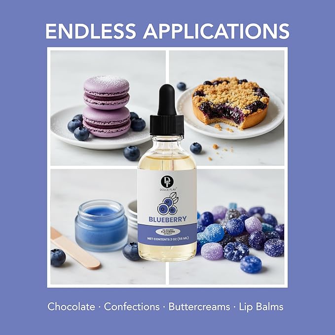 Dolce Flav Blueberry Extract – 2 Ounce Oil-Soluble Kosher, Sugar-Free, Concentrated Ripe Blueberry Flavoring for Baking, Chocolates & Desserts, Includes Measured Dropper