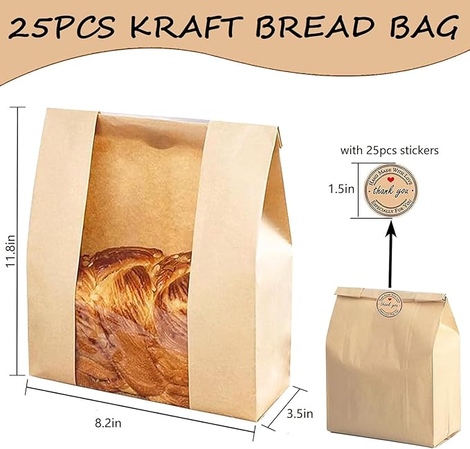 25 Pack Large Paper Sourdough Bread Bags for Homemade Gifting Bakery Bags with Window for Baked Food Packaging Storage Bags with Seal Stickers (11.8x8.2x3.5inch)