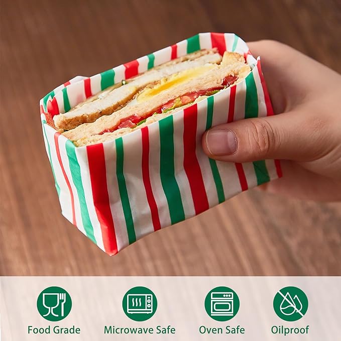 Zezzxu 100 Sheets Red and Green Striped Wax Paper, Parchment Paper for Cookie Box Deli Food Wrapping Grease Resistant Basket Liners (8.5 x 9.8 Inches)