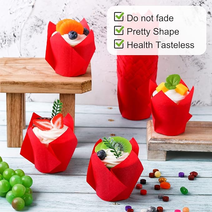 Jutom 200 Pack Tulip Cupcake Liners Paper Baking Cups Greaseproof Muffin Liners Grease Resistant Cupcake Wrappers for Weddings Birthday Cake Balls Muffins Candy Jelly Party(Red)