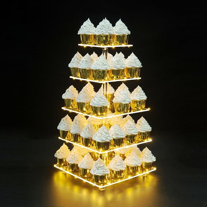 Cupcake Stand, Elegant Cupcake Holder with Brighter Yellow LED String Light, Clear 5-Tier Square Acrylic Cupcake Tower for Wedding, Birthday, Baby Shower, Party (Yellow light)