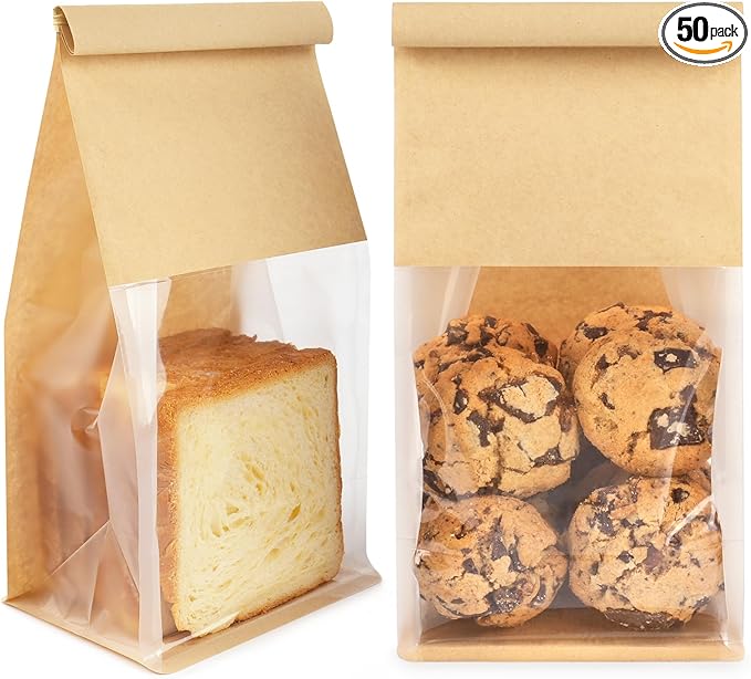 50 Pack Bakery Bags with Window, 5.1x3.9x11 Inches Tin Tie Tab Lock Resealable Cookie Bags for Packaging Bagels, Bread Loaf, Pastry, Baked Goods