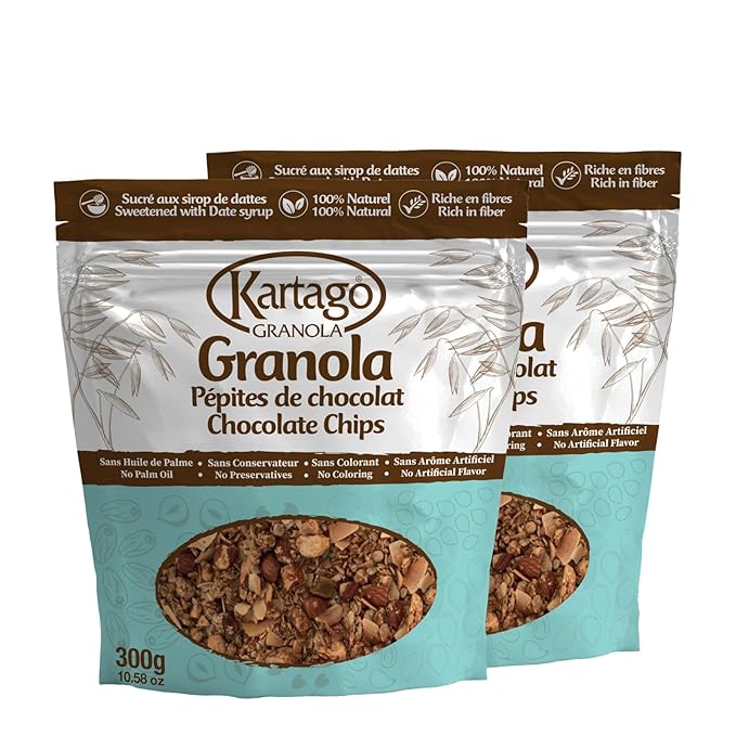 Kartago Granola Chocolate Chip Cereals, Naturally Sweetened with Date Syrup, Healthy Breakfast, 10.58 oz, (Pack of 2)