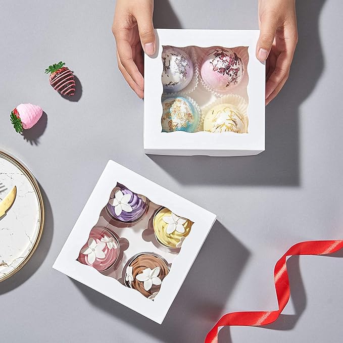 RomanticBaking 50 Pack White 4 Cupcake boxes with Window Chocolate Bomb Boxes Bakery Box Cookies Boxes Strawberry Boxes