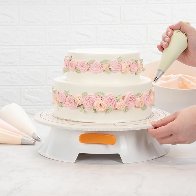 Restaurantware Pastry Tek 12 Inch Cake Turntable 1 Sturdy Rotating Cake Stand - Non-Slip Base With Locking Switch White Plastic Spinning Cake Stand For Decorating Cakes Cupcakes or Pastries