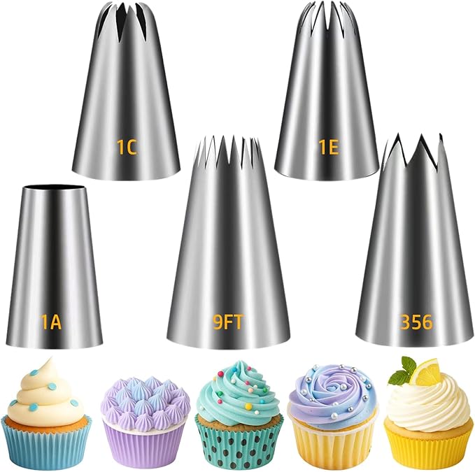 Suuker Large Piping Tips Set, Stainless Steel Cake Decorating Tips, 5 Pieces Frosting Icing Tips for Cake Decorating, Cupcakes, Cookie (1A 1E 1C 9FT 356)