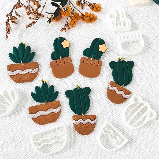 Xaekicr Cactus Polymer Clay Cutters – 10 Pcs Plant and Pot Clay Cutters Set for Earrings and DIY Crafts, Polymer Clay Tools for Jewelry Making