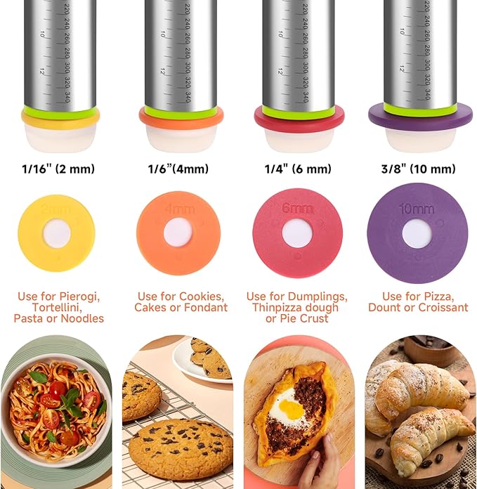 Stainless Steel Rolling Pin with Thickness Rings and Pastry Baking Mat, Pizza, Cookie, Bread, Pie Crusts,Roller Rod for Dough Thickness, 13.6" with 4 Multicolored Thickness Rings&Cookie Molds