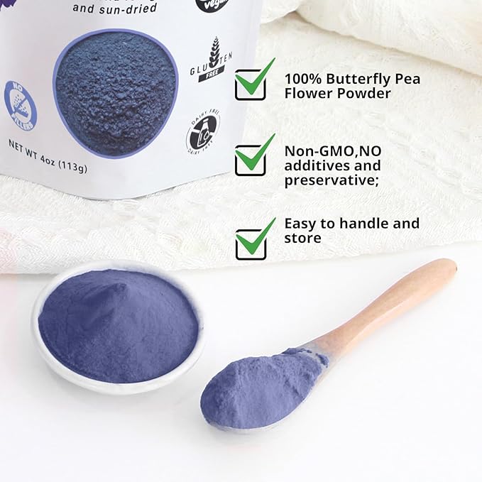 Butterfly Pea Flower Powder 4oz | Natural Blue Food Coloring for Drinks, Baking, Smoothies | Vegan, Non-GMO, Gluten-Free, No Additives
