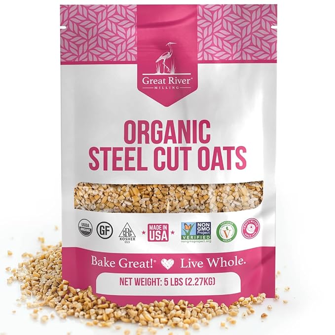 Great River Milling Organic Steel Cut Oats | Whole Grain, Non-GMO, Kosher | Hearty Healthy | Rich Texture & Flavor | Perfect for Oatmeal, Porridge, Granola & Baking | 5 Lb
