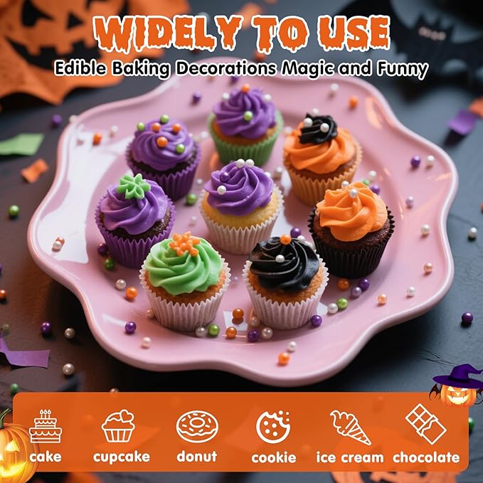 Edible Pearl Sprinkles,Nonpareils Purple Black Green and Orange Mix,130g/4.58oz,Cute Pearls Cake Candy,Mini Sugar Sprinkles for Decorations Baking,Cake Ice Cream Cookies Cupcake Toppe Chocolate,Birthday Thanksgiving Christmas Supplie