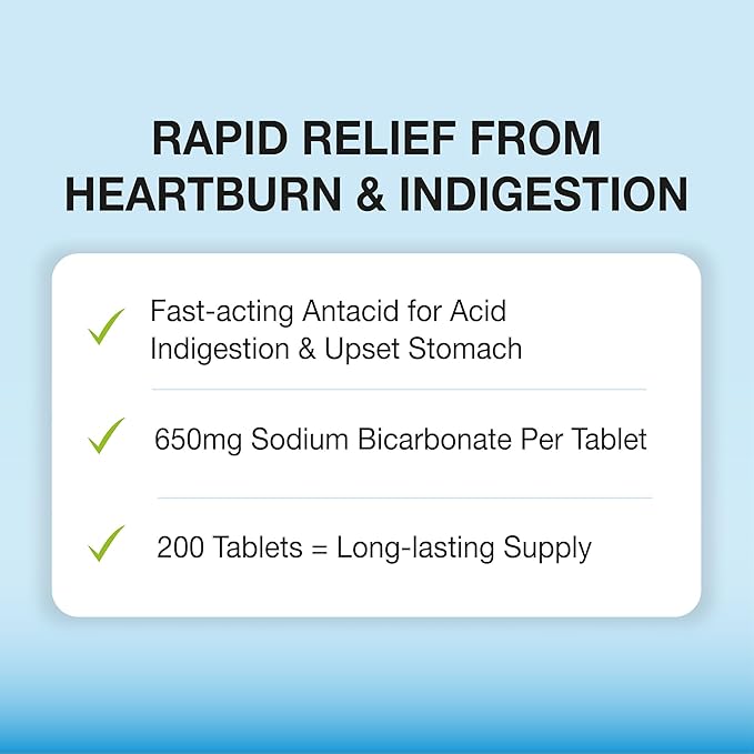 Puregen Labs Sodium Bicarbonate Tablets 650mg (10 Grains) - 200 Count | USP Grade Baking Soda Supplement, Natural Relief of Acid Indigestion, Heartburn, Sour Stomach & Upset Stomach