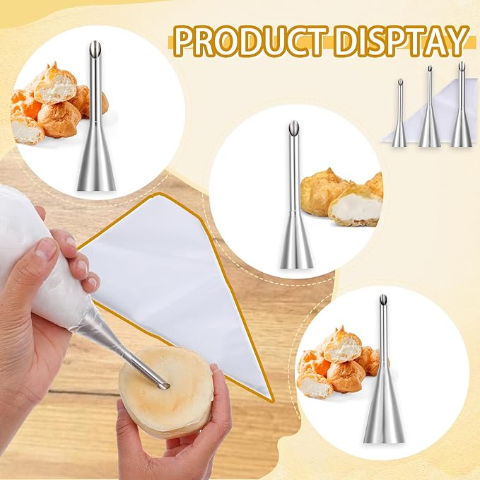 3 Pcs Puff Cream Filling Piping Tips Kit, Long Piping Nozzle with 50 Disposable Bags and 1 Pcs BrushCream Filling Nozzles for Donuts Puff Eclairs Pastry Decorative
