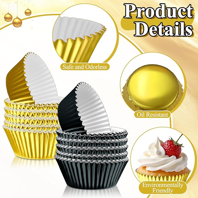 200PCS Black and Gold Cupcake Liners Mini Muffin Baking Cups Wrappers for Retirement Birthday Party Supplies Disposable Cupcake Papers for Black Golden Masquerade Party Decorations