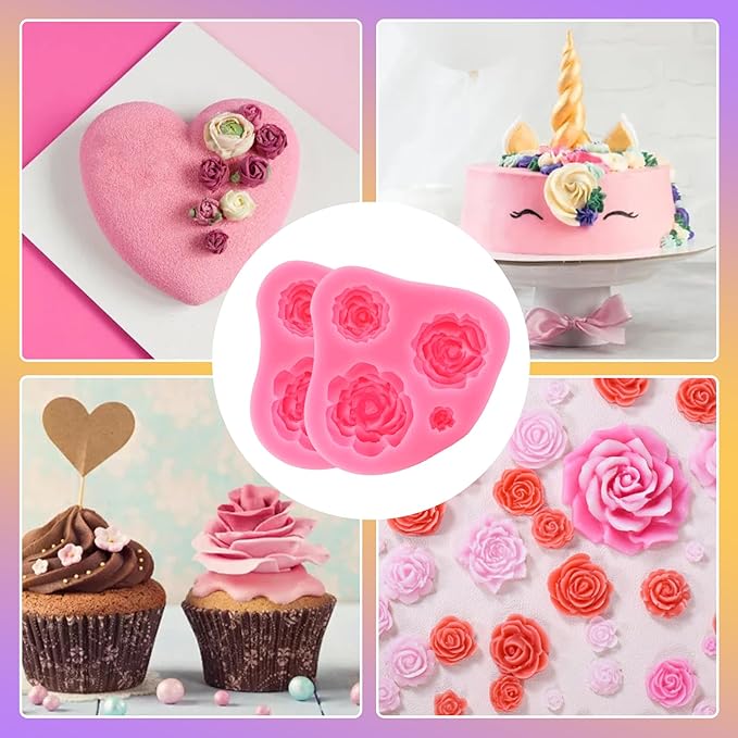 2 Piece Rose Fondant Molds for Cake Decorating - Multi-Size Flower Silicone Mold for Chocolate Gumpaste Wedding Birthday Party Cupcake Topper Supplies