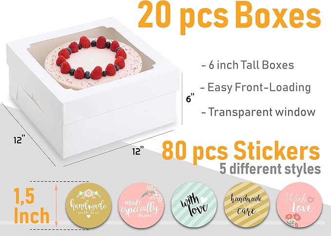 12x12x6 Bulk 20 Pcs Cake Boxes 12 Inch with Window Clear Bakery Dessert Box Square White Large Disposable Pie Boxes Package for Bake Goods Paper Pastry Packaging Delivery Box (80 Pcs Stickers)