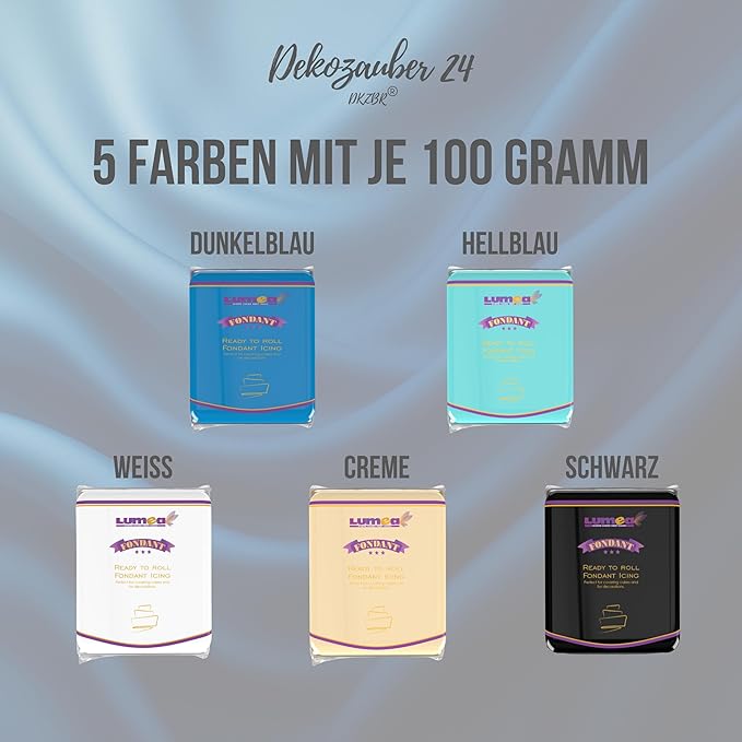 Dekozauber24 Blue Fondant Icing Multipack, 5 Colors, 3.5oz (100g) rolling fondant per color, for decorating cakes and cupcakes in white, light and dark blue, cream and black