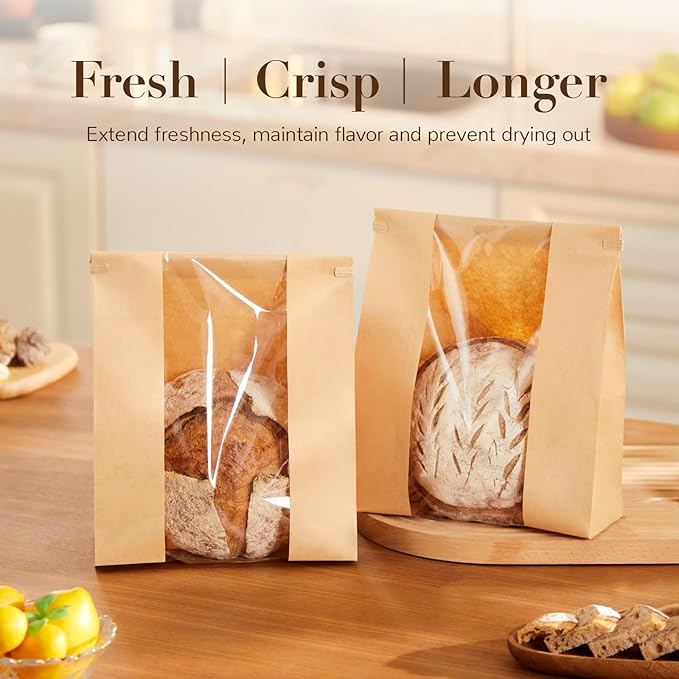 200 Pack Paper Bread Bags with Tabs for Homemade Sourdough, Large Bakery Bags with Window for Sourdough Boule, Bread Loaves, Bagels, Pastries, Baguettes (8.3x3.5×13 Inches)