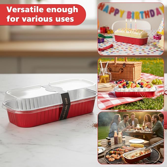 Ruckae 100 Pack Mini Loaf Pans with Lids and Spoons Stickers Disposable Aluminum Tin Foil Pans Rectangle Mini Loaf Cake Pan for Baking,Party,Picnics,Gifts(Red)