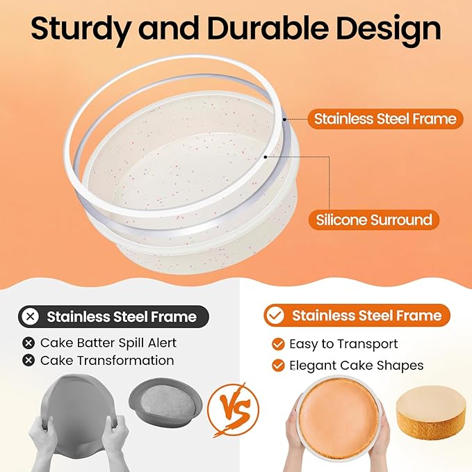 SJ 6 Inch Silicone Round Cake Pan with Metal Reinforced Frame Set of 2, Nonstick Silicone Cake Mold for Baking Suitable for Making Layers, Cheese & Chocolate Cakes