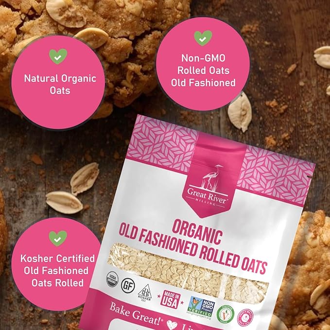 Great River Milling Organic Old Fashioned Rolled Oats | Gluten Free Whole Grain, USDA Organic, Non-GMO, Kosher | Hearty Texture for Oatmeal, Granola, Cookies, Baking & Meal Prep | 2 Lb