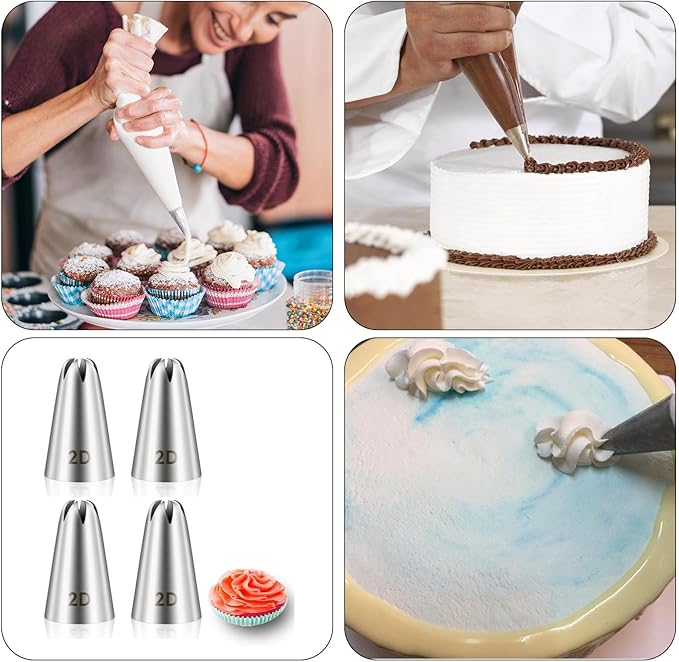 4 Pcs Sliver 2D Cake Piping Tips, Cake Decorating Kit,Stainless Steel Large Piping Tips Cake Decorating Tools, for Baking DIY Cupcake Cookie Birthday Cake Cream Decorating