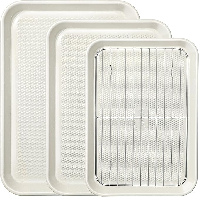 Nonstick Baking Sheet Sets with Rack (3 Pans + 1 Rack), 0.8mm Thicker Carbon Steel Quarter/Jelly Roll/Half Sheet Pan, Easy Clean, Prevent Warping, Dishwasher Safe, Oven Safe 450°F