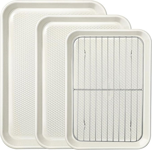 Nonstick Baking Sheet Sets with Rack (3 Pans + 1 Rack), 0.8mm Thicker Carbon Steel Quarter/Jelly Roll/Half Sheet Pan, Easy Clean, Prevent Warping, Dishwasher Safe, Oven Safe 450°F