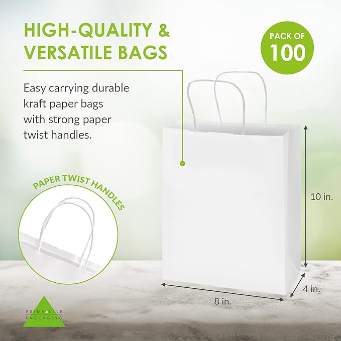 Prime Line Packaging White Paper Bags, Kraft Gift Bags with Handles for Small Business, Boutique, Retail, Shopping, Birthdays, Party Favors, Bulk, 8x4x10, 100 Pack