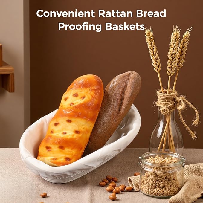 4 PCS Rattan Bread Proofing Baskets, Oval Shaped with Cloth Covers, Ideal for Sourdough, Home and Restaurant Baking, 9.8 x 5.9 x 3.1 Inches, Quality and Easy to Clean