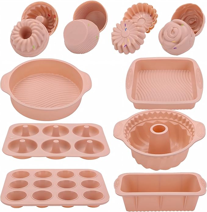 Silicone Baking Pans Set:30 in 1 Cake Baking Sheets,Cake Pans Sets for Baking Stable and Easy Demoulding,Donut Pan for Baking,Mini Bundt Cake Pans for Baking (Pink)