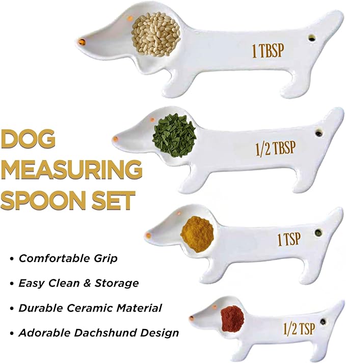 Dachshund Measuring Spoons Set - Unique Dog Measuring Spoons Ceramic Dachshund Decor - Weiner Dog Gifts for Women - Cute Kitchen Accessories Baking Gifts - Fun Daschund Measure Spoon Items (Set of 5)
