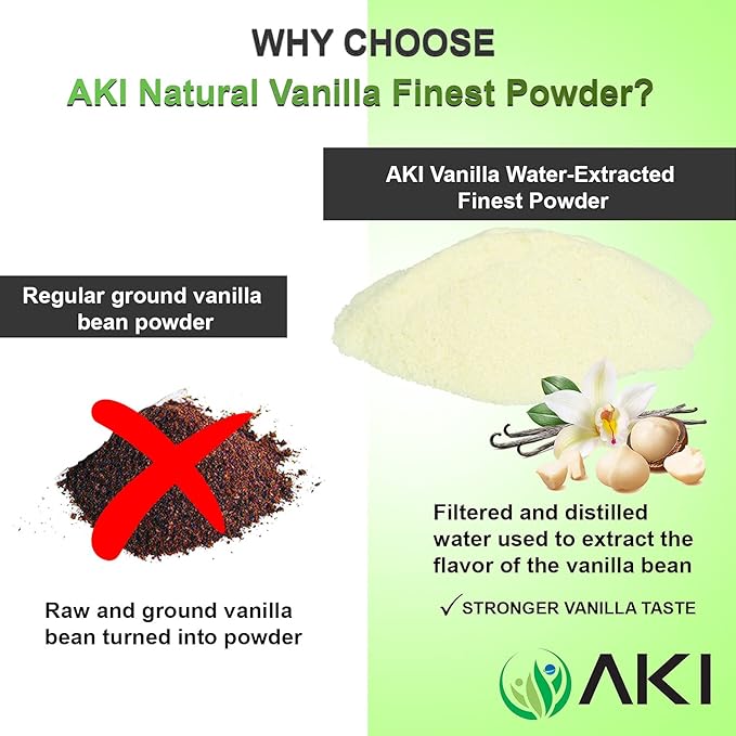 AKI Vanilla Extract Powder from Authentic Beans for Delicious Flavoring, Cooking, Baking, Drinks, Tea, Coffee, Smoothies, Cocktails - Sugar-Free & Alcohol-Free (454g/1lb)