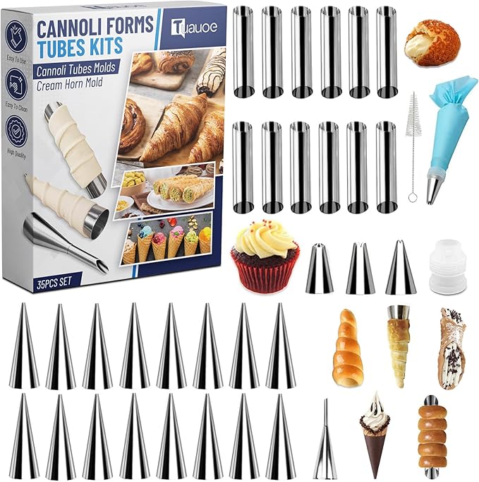 Cream Horn Molds for Baking, 35pcs Cannoli Tubes Molds, Non-stick Stainless Steel 16pcs Cone Shaped and 12pcs Tubular Shaped Cannoli Forms for Danish Pastry Lady Lock Form Cream Roll Croissant