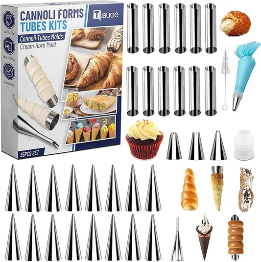 Cream Horn Molds for Baking, 35pcs Cannoli Tubes Molds, Non-stick Stainless Steel 16pcs Cone Shaped and 12pcs Tubular Shaped Cannoli Forms for Danish Pastry Lady Lock Form Cream Roll Croissant