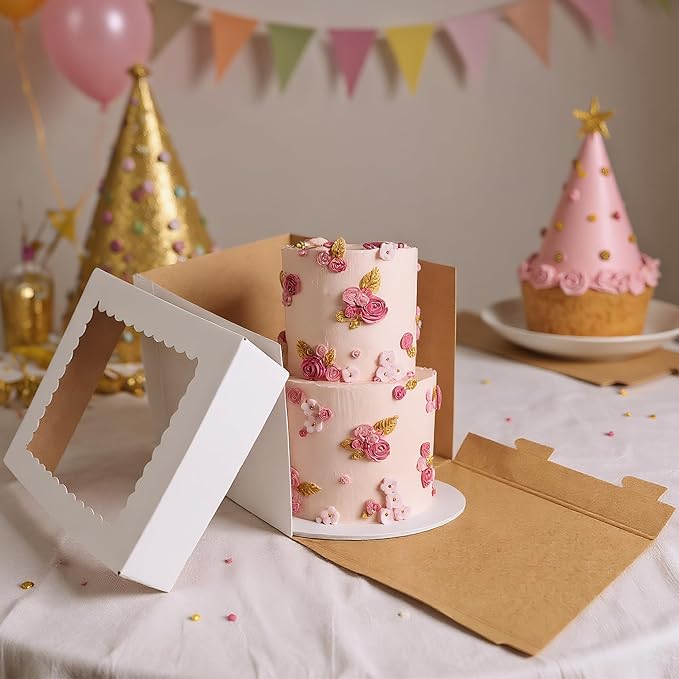 KEEPARTY 3PCS White Tall Cake Boxes 12x12x12inch with Window White Disposable Baking Box Container Wedding Cake Carrier