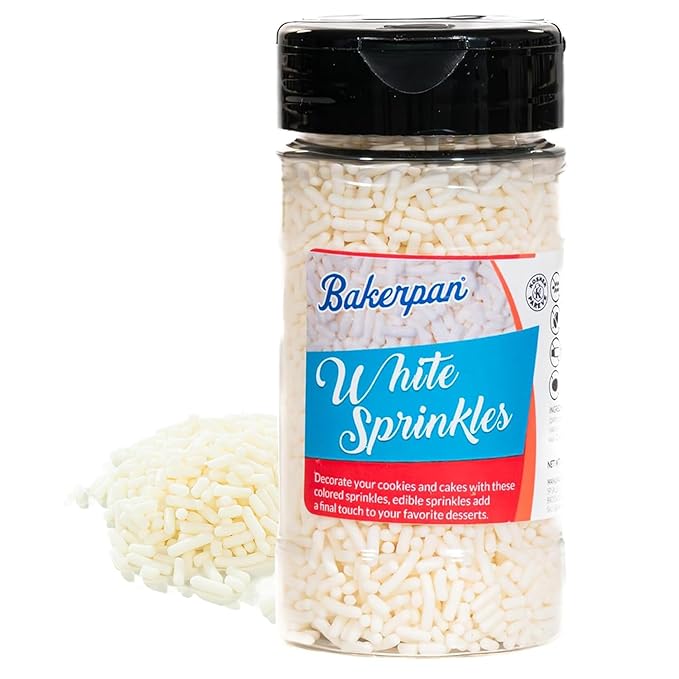 Bakerpan White Jimmies Sprinkles - 6 Ounces White Sprinkles for Cake Decorating - Edible Sprinkles for Cupcakes, Ice Cream, Cake Decorations (Made in USA)