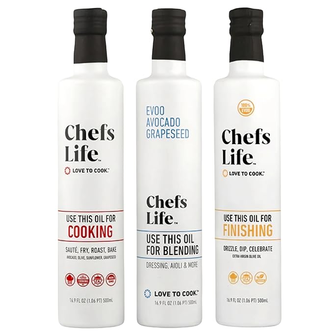 Chefs Life Cooking Oil, Blending Oil, & Finishing Oil 3 Pack - Extra Virgin Olive Oil, Avocado Oil, Cooking Oil Variety Pack, Gift Set for Dipping, Dressing, Cooking - 16.9 Fl Oz (3 Bottle Gift Set)