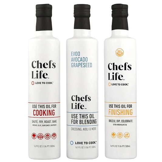 Chefs Life Cooking Oil, Blending Oil, & Finishing Oil 3 Pack - Extra Virgin Olive Oil, Avocado Oil, Cooking Oil Variety Pack, Gift Set for Dipping, Dressing, Cooking - 16.9 Fl Oz (3 Bottle Gift Set)