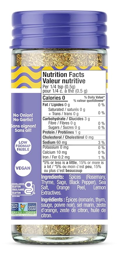 Fody Foods Lemon Herb Seasoning, 1.8 Oz, Garlic and Onion Free, Low FODMAP Certified, Gut & IBS Friendly, Vegan, Non-GMO, Gluten Free, Keto Friendly