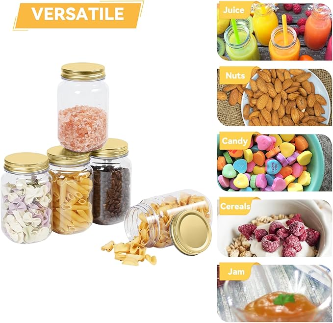 novelinks 16 oz Clear Plastic Jars with Screw-On Lids - BPA-Free Refillable Storage Containers for Slime, Food, Crafts, Kitchen & Household Use (20 Pack,Gold)