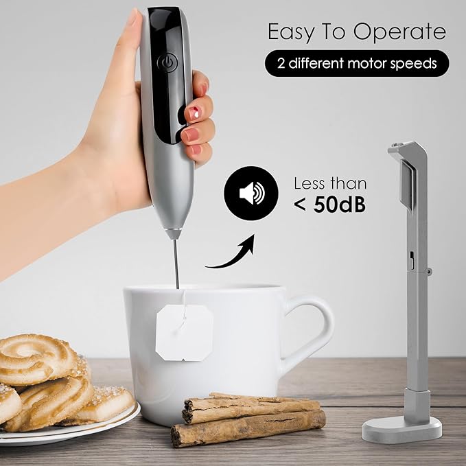 GOCHA | Electric Milk Frother Handheld - Rechargeable Coffee Frother with USB-C & 2 Speeds - Powerful RPM Latte Foam Maker for Cappuccino, Matcha, Hot Chocolate - Includes Stand & Whisk (Silver)