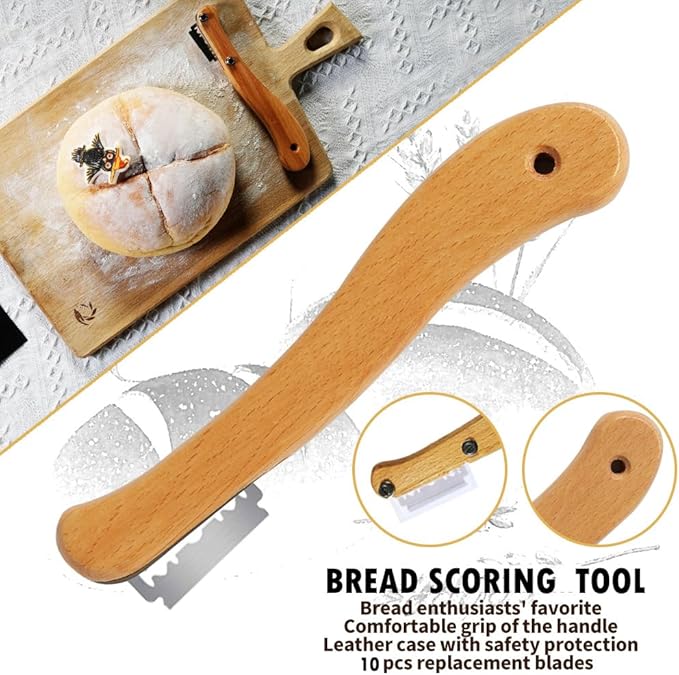 Bread Making Tool Set,Dough Scraper and Bread Scoring Tool for Making Beautiful Bread Tools-Dough Whisk,Dough Scrapers, Bread Lame with 10 Blades Included Replacement (Red)