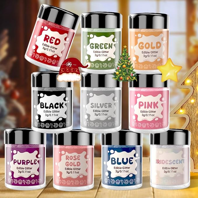 Christmas Drinks Edible Glitter Set for Cocktails - 10 Colors Luster Dust Edible, Drink Food Grade Shimmer Sprinkle Powder for Cakes, Wines, Candy, Cookie, Chocolate, Fondant, Vegan Decoration (3g/Bottle)