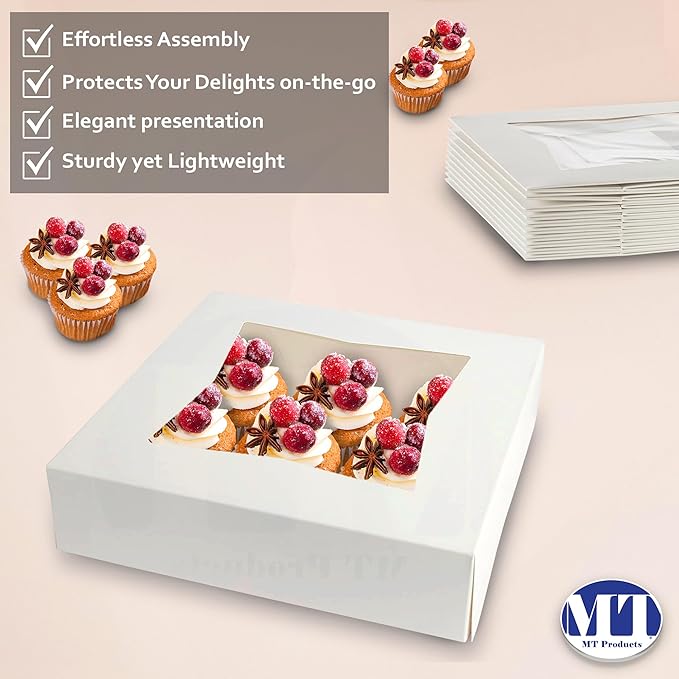 MT Products White Bakery Boxes 8" x 8" x 2.5" - Elegant Pastry Boxes (Pack of 10) - Made in USA