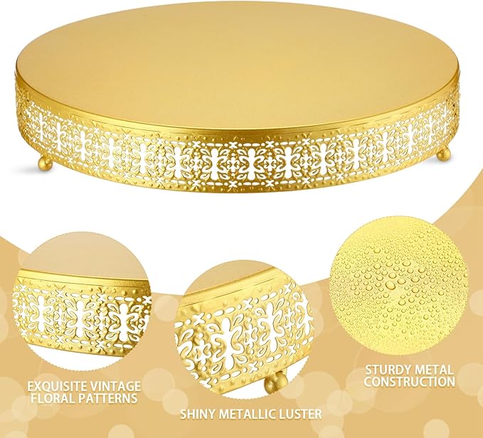 Wenqik Gold Cake Stand, 16 Inch Large Metal Round Cupcake Dessert Stand with Cake Knife and Server Wedding Cupcake Display Holder Cookies Serving Tray for Wedding Birthday Baby Shower Party