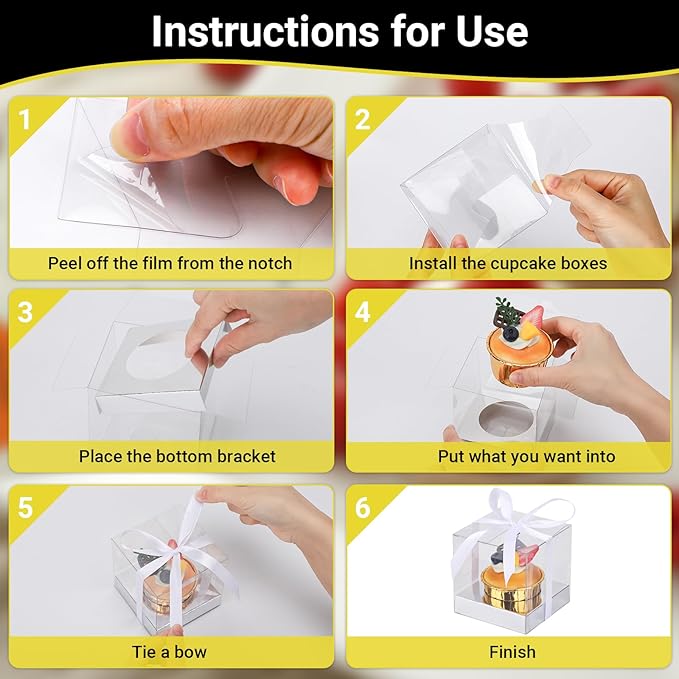 EUSOAR Clear Cupcake Wrappers, 12pcs 3.5 Inch Plastic Individual Tall Cupcake Box, Single Transparent Cupcake Holder Carrier with Ribbon and Inserts for Wedding Party Favor- Silver