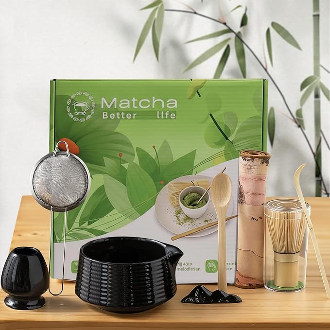 8 Pcs Matcha Whisk Set Chasen Matcha Whisk Bamboo Bowl with Spout Sifter Spoon Scoop Whisk Holder Bamboo Mat Complete Matcha Making Kit (Black)