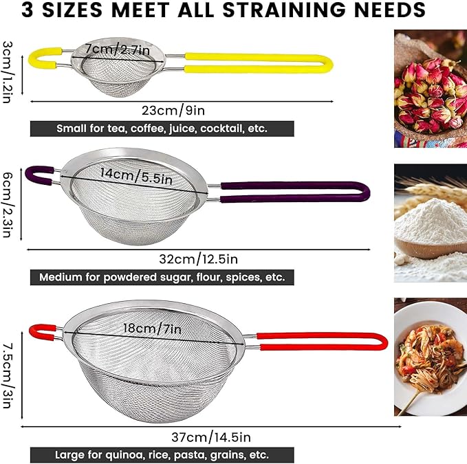 Daily Treasures Fine Mesh Strainers Set in 3 different sizes,304 stainless steel strainers with Silicone Handle，0.3mm Hole Fine Mesh Food sifter for Pasta, Fruit, Flour,Tea, Cocktail(7"+5.5"+2.7")